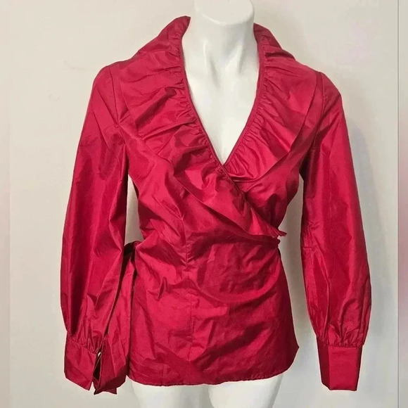 J. Peterman Top Women's Size6 Red Flamenco Ruffle Self Tie Wrap Blouse Shirt - Picture 2 of 11